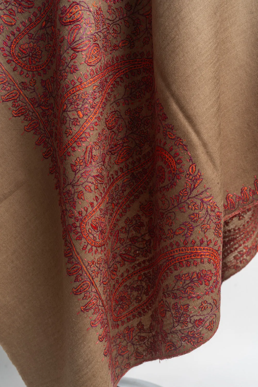 Exquisite Kashmiri Hand Embroidered Merino Wool Sozni Shawl in Earthy Tones
