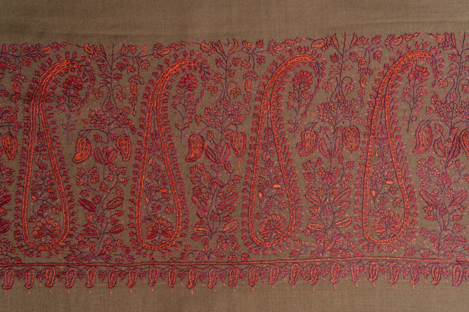 Exquisite Kashmiri Hand Embroidered Merino Wool Sozni Shawl in Earthy Tones
