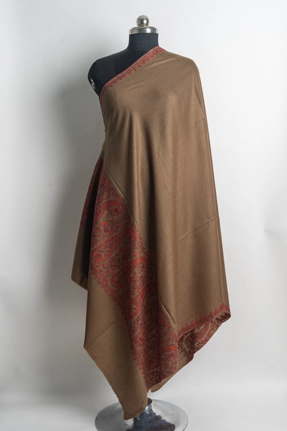 Exquisite Kashmiri Hand Embroidered Merino Wool Sozni Shawl in Earthy Tones