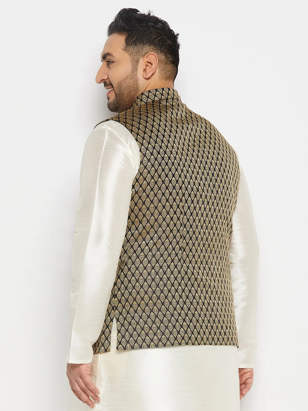Jashvi Men's Plus Size Black and Gold Jacquard Nehru Jacket