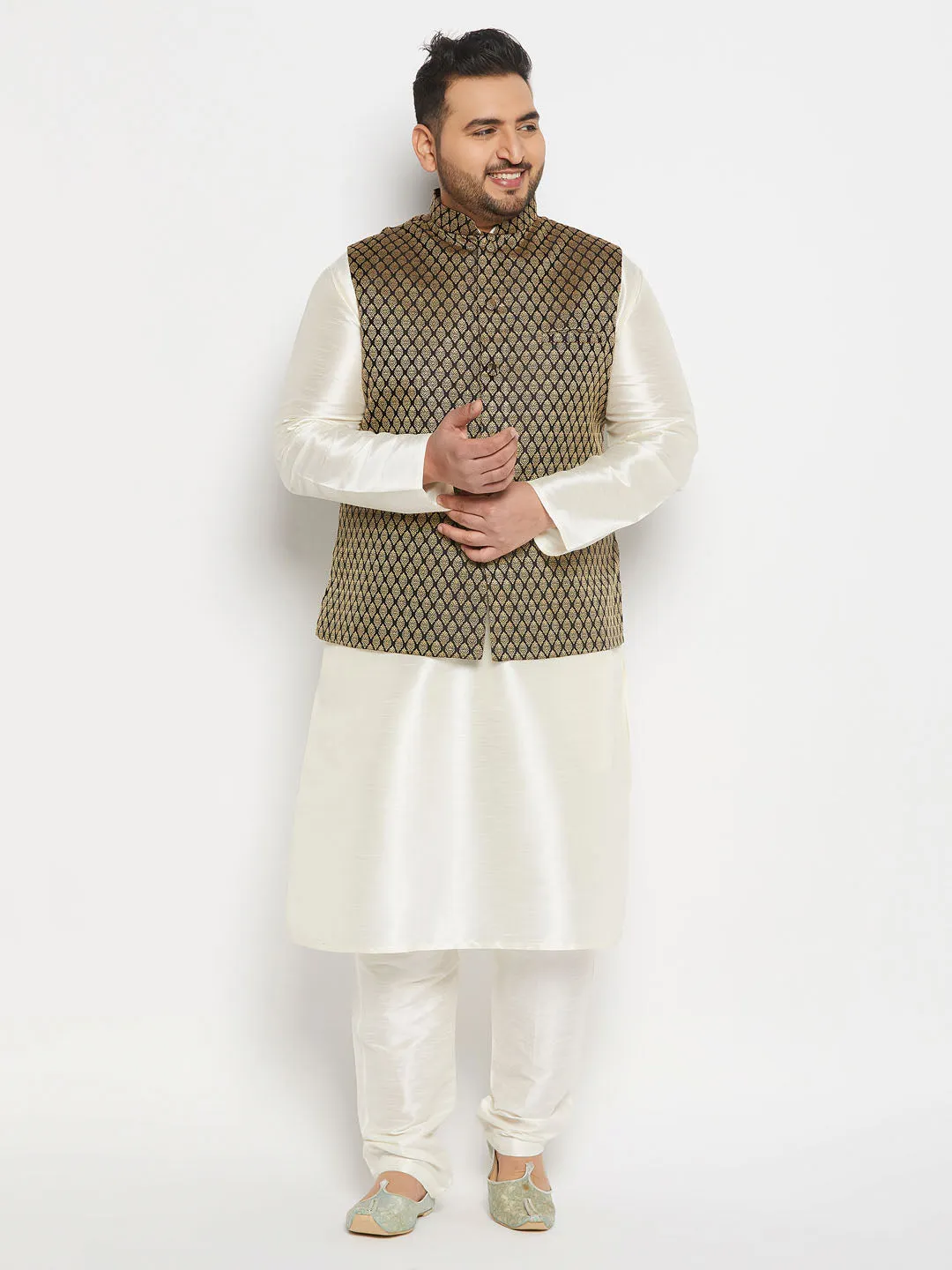 Jashvi Men's Plus Size Black and Gold Jacquard Nehru Jacket