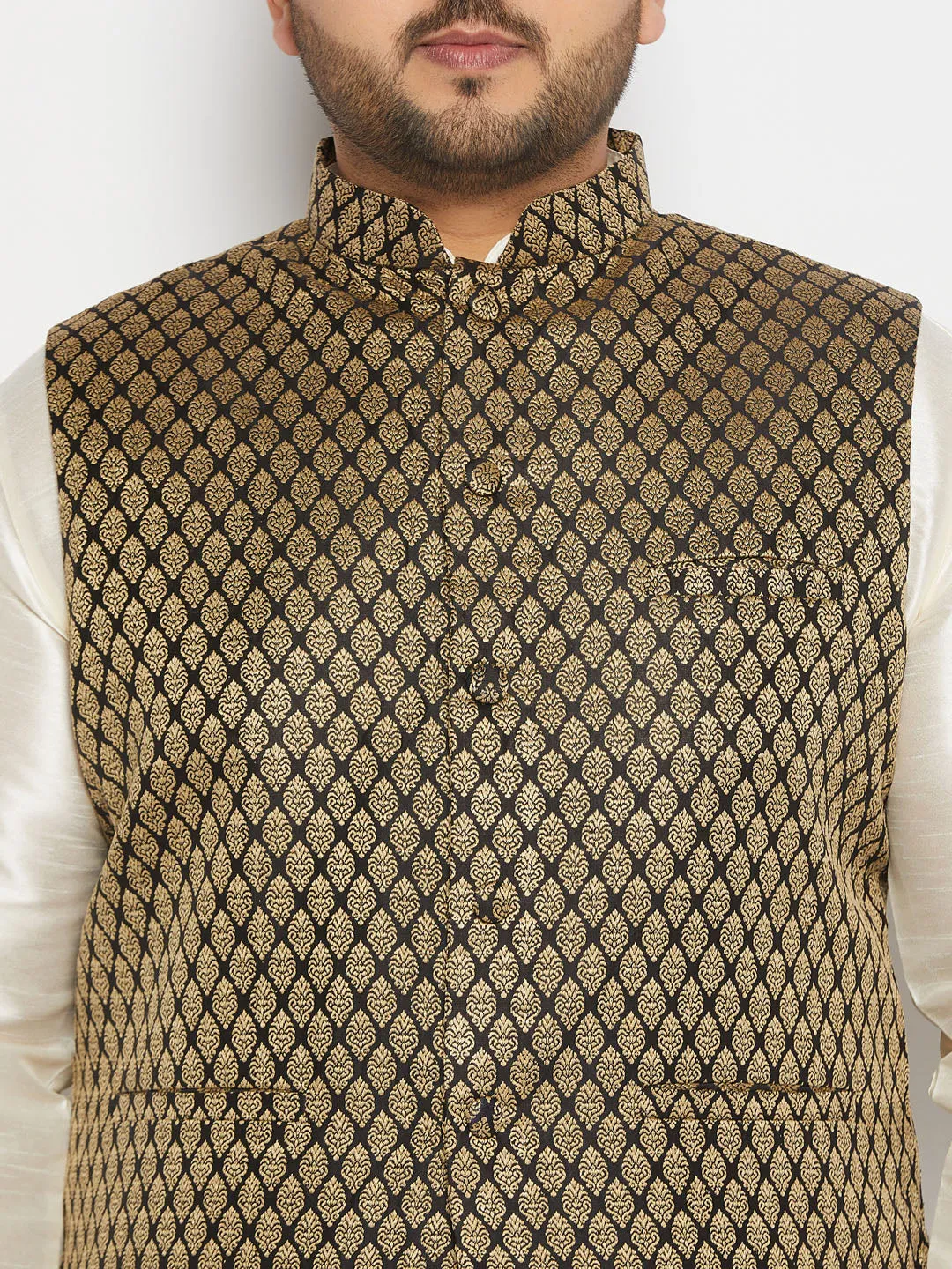 Jashvi Men's Plus Size Black and Gold Jacquard Nehru Jacket