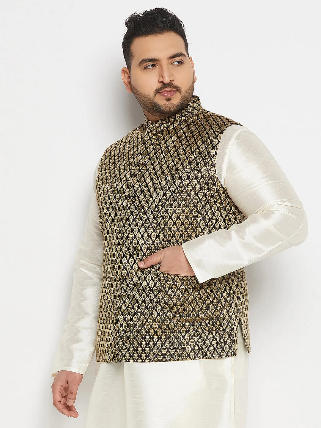 Jashvi Men's Plus Size Black and Gold Jacquard Nehru Jacket