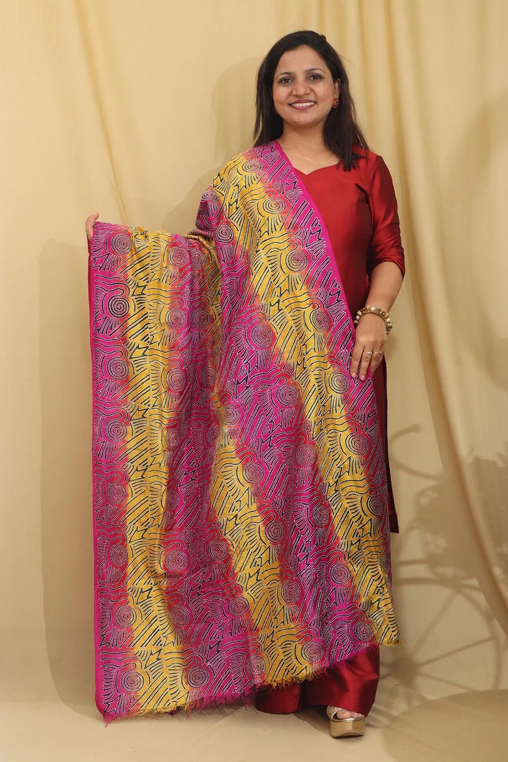 Multicolor Hand Embroidered Kantha Block Printed Pure Tussar Silk Dupatta