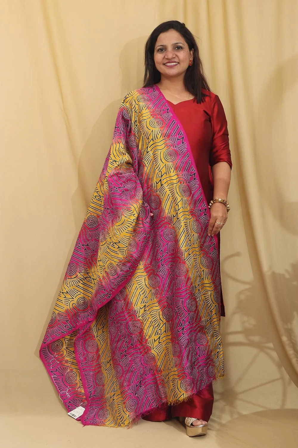 Multicolor Hand Embroidered Kantha Block Printed Pure Tussar Silk Dupatta