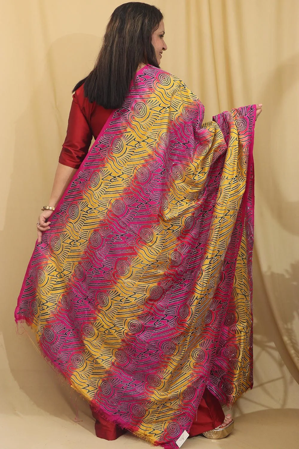 Multicolor Hand Embroidered Kantha Block Printed Pure Tussar Silk Dupatta