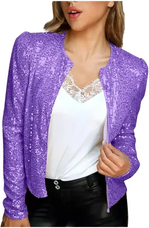 Women Trendy Sequin Jacket Open Front Long Sleeve Short Blazer Casual Coat Outerwear Glitter Sparkly Jackets